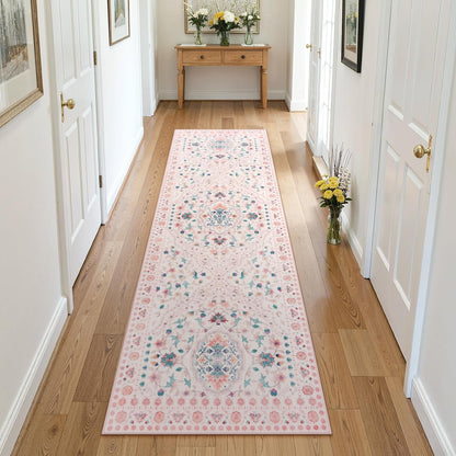Pink Runner Rug for Hallway 2x6, Washable Runner Rug Non Slip, Soft Low Pile Floral Rug for Bedroom, Bedside and Entryway