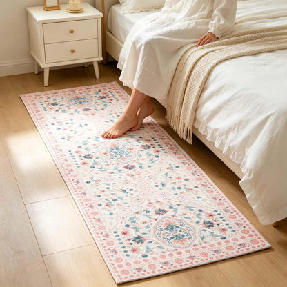 Pink Runner Rug for Hallway 2x6, Washable Runner Rug Non Slip, Soft Low Pile Floral Rug for Bedroom, Bedside and Entryway