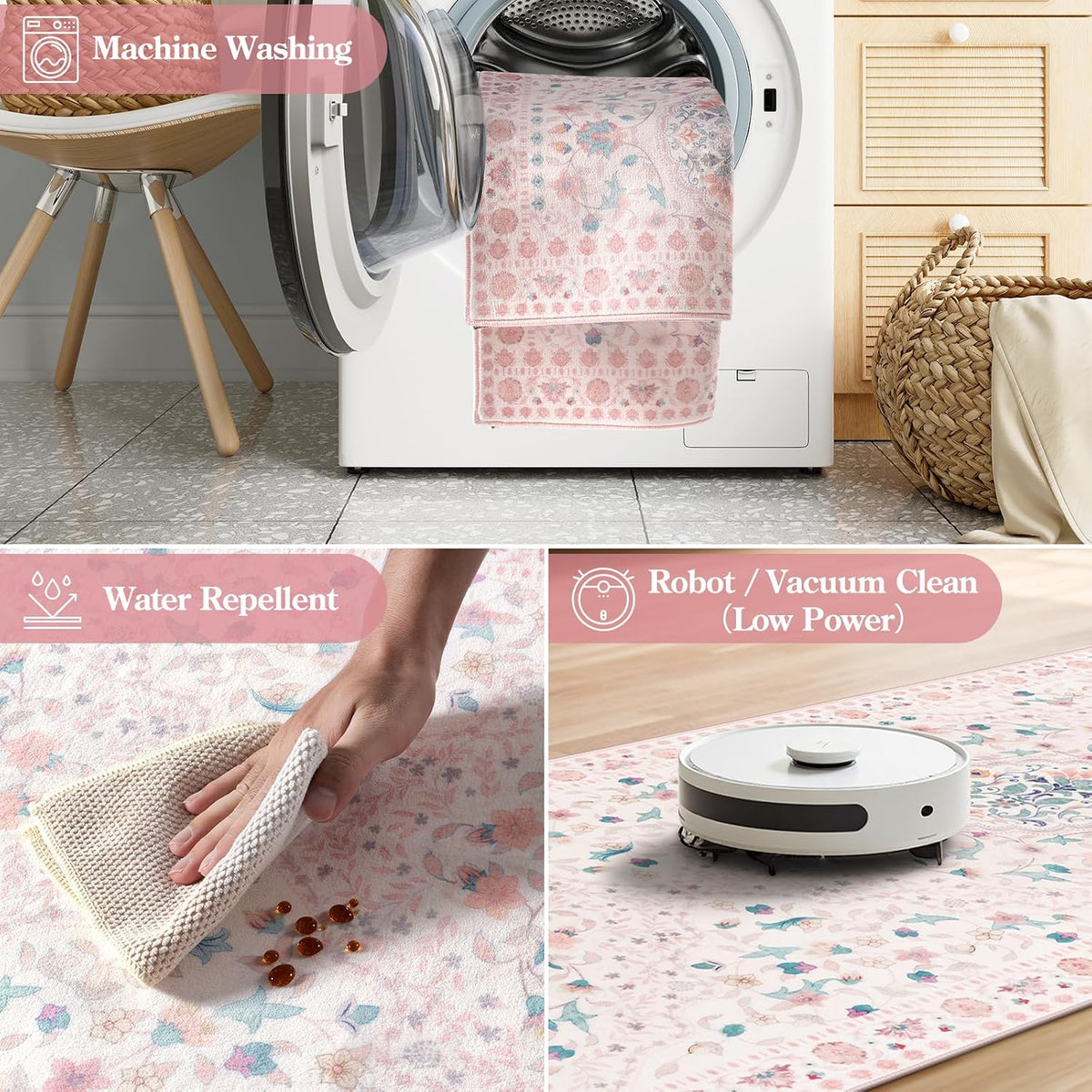 Pink Runner Rug for Hallway 2x6, Washable Runner Rug Non Slip, Soft Low Pile Floral Rug for Bedroom, Bedside and Entryway