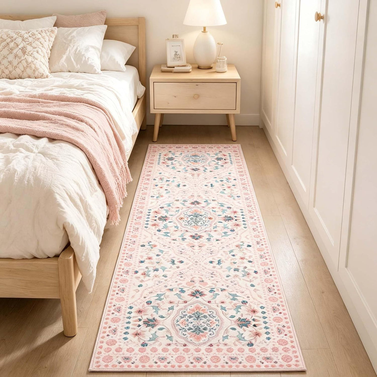 Pink Runner Rug for Hallway 2x6, Washable Runner Rug Non Slip, Soft Low Pile Floral Rug for Bedroom, Bedside and Entryway