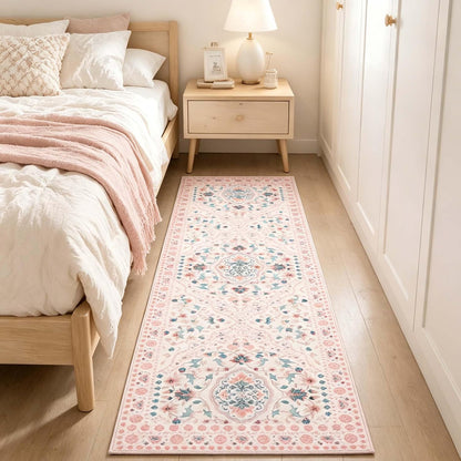 Pink Runner Rug for Hallway 2x6, Washable Runner Rug Non Slip, Soft Low Pile Floral Rug for Bedroom, Bedside and Entryway