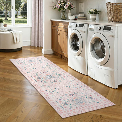 Pink Runner Rug for Hallway 2x6, Washable Runner Rug Non Slip, Soft Low Pile Floral Rug for Bedroom, Bedside and Entryway