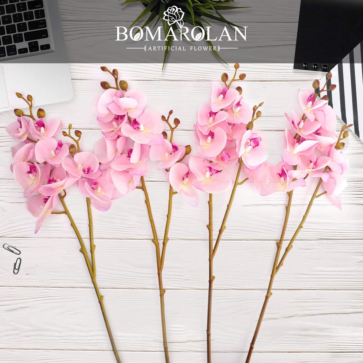 Artificial Orchid Faux Flowers Butterfly Orchid 4 Pcs Real Touch Double Branch Silk Flowers (No Vase) for Wedding Home Party Hotel Yard Decoration Restaurant Patio Festive Furnishing (Pink)