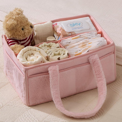Soft Baby Diaper Caddy Organizer, Nursery Storage Basket with Removable Divider, Portable Baby Diapers Basket, Gifts for New Parent, Baby Shower (Light Pink)