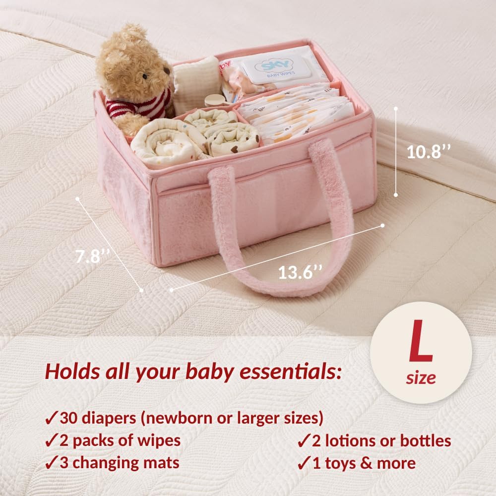 Soft Baby Diaper Caddy Organizer, Nursery Storage Basket with Removable Divider, Portable Baby Diapers Basket, Gifts for New Parent, Baby Shower (Light Pink)