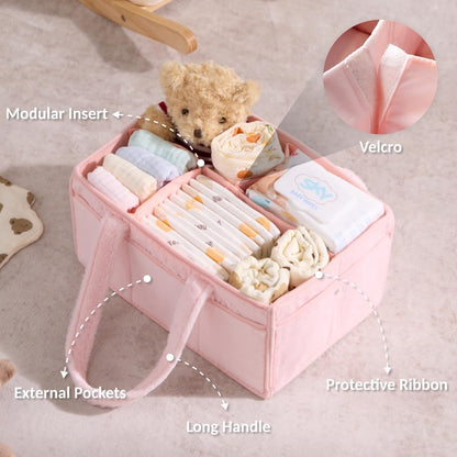 Soft Baby Diaper Caddy Organizer, Nursery Storage Basket with Removable Divider, Portable Baby Diapers Basket, Gifts for New Parent, Baby Shower (Light Pink)