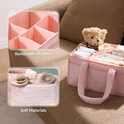 Soft Baby Diaper Caddy Organizer, Nursery Storage Basket with Removable Divider, Portable Baby Diapers Basket, Gifts for New Parent, Baby Shower (Light Pink)