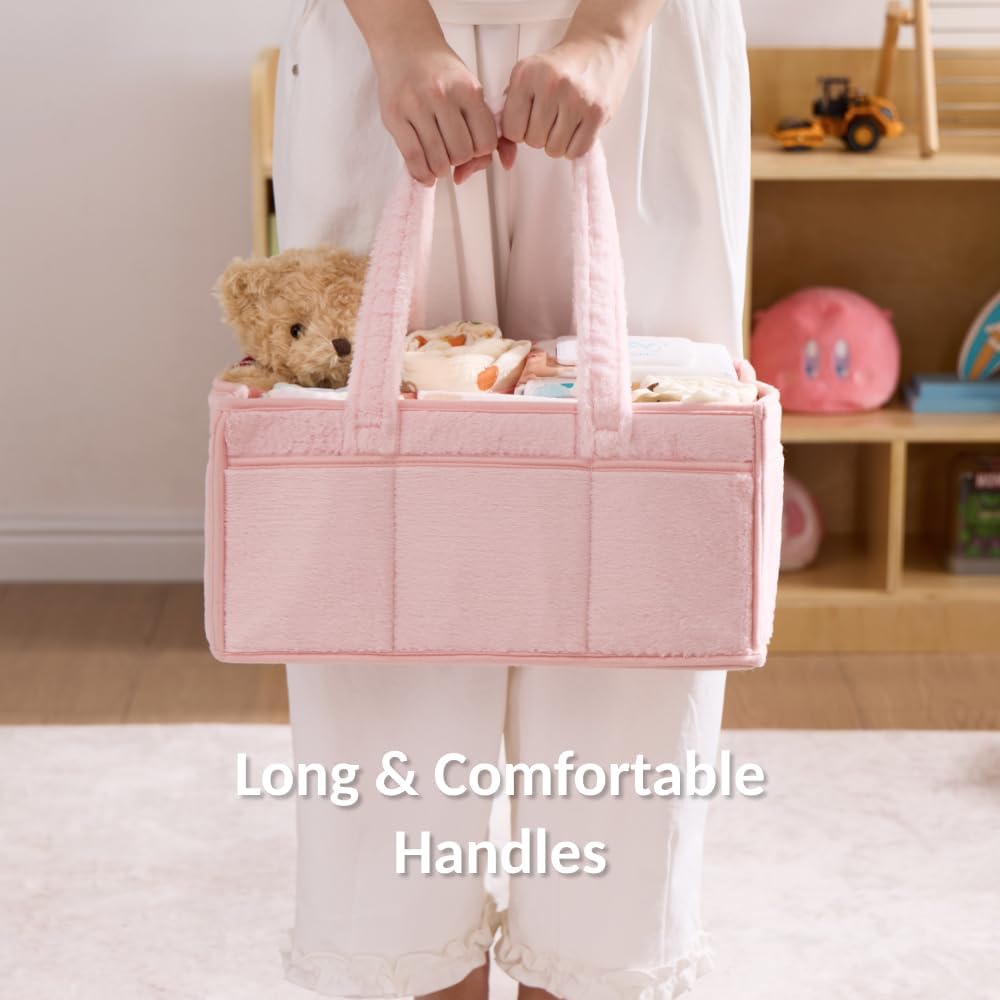 Soft Baby Diaper Caddy Organizer, Nursery Storage Basket with Removable Divider, Portable Baby Diapers Basket, Gifts for New Parent, Baby Shower (Light Pink)