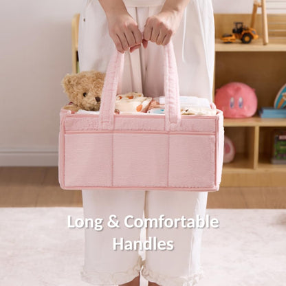 Soft Baby Diaper Caddy Organizer, Nursery Storage Basket with Removable Divider, Portable Baby Diapers Basket, Gifts for New Parent, Baby Shower (Light Pink)