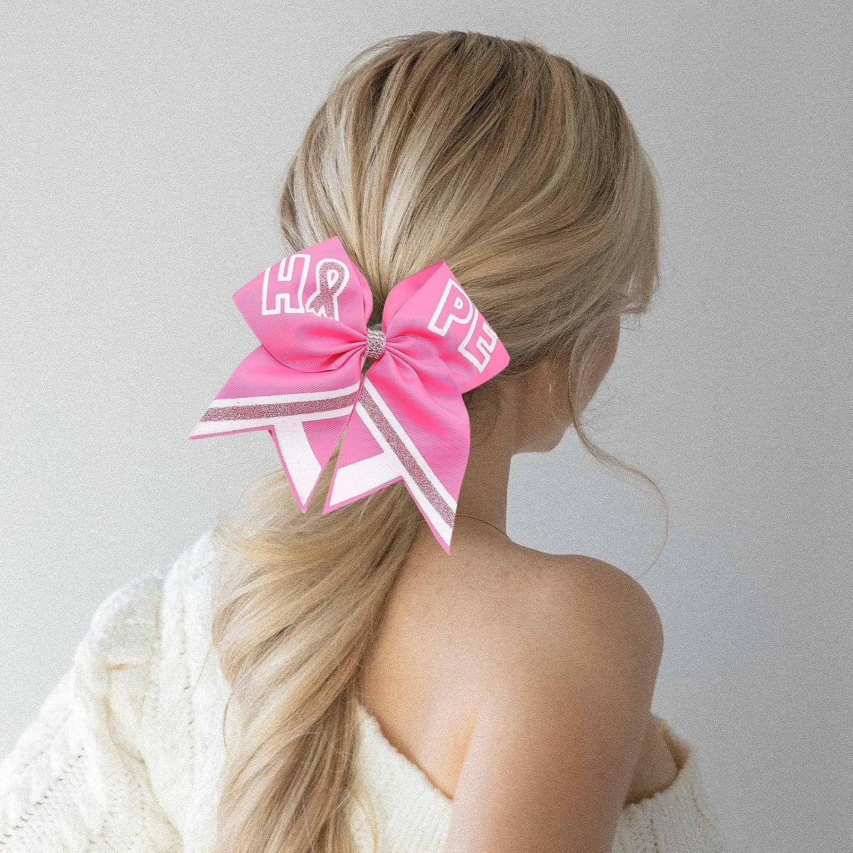 Breast Cancer Cheer Bows Hair Ties Pink Ribbon Hair Rubber Band Ponytail Holder Glitter Elastic Hair Bow Ties for Women Breast Cancer Awareness Hair Accessories