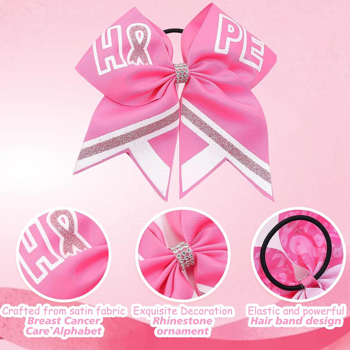 Breast Cancer Cheer Bows Hair Ties Pink Ribbon Hair Rubber Band Ponytail Holder Glitter Elastic Hair Bow Ties for Women Breast Cancer Awareness Hair Accessories