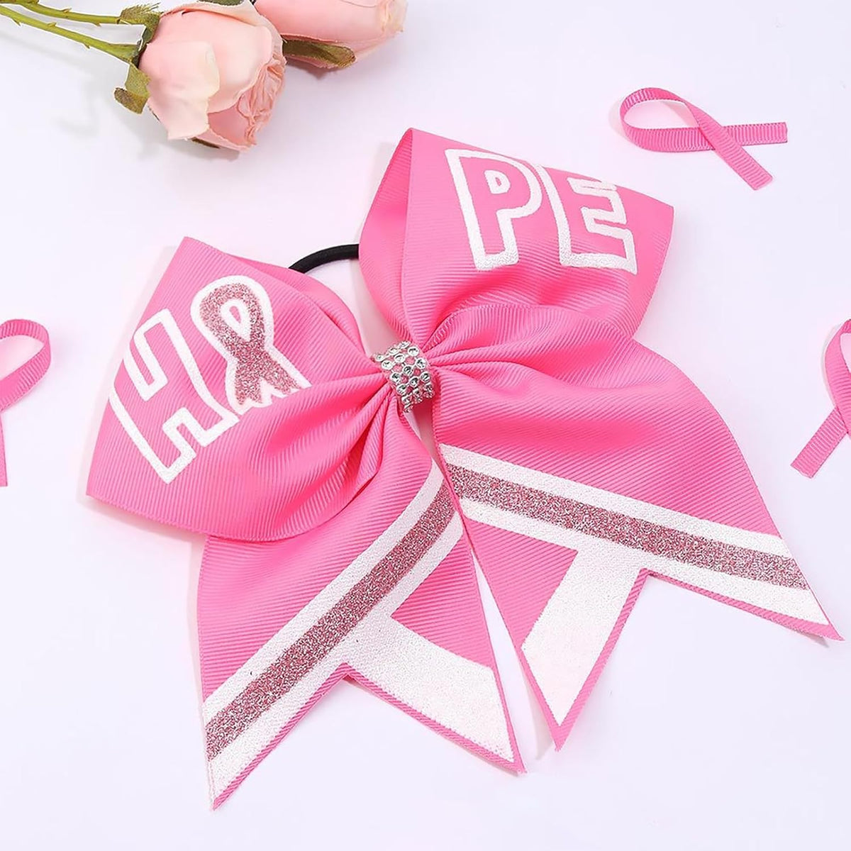 Breast Cancer Cheer Bows Hair Ties Pink Ribbon Hair Rubber Band Ponytail Holder Glitter Elastic Hair Bow Ties for Women Breast Cancer Awareness Hair Accessories