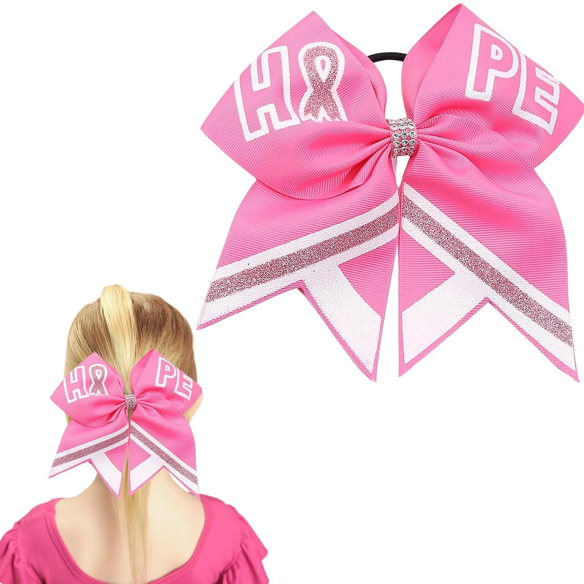 Breast Cancer Cheer Bows Hair Ties Pink Ribbon Hair Rubber Band Ponytail Holder Glitter Elastic Hair Bow Ties for Women Breast Cancer Awareness Hair Accessories