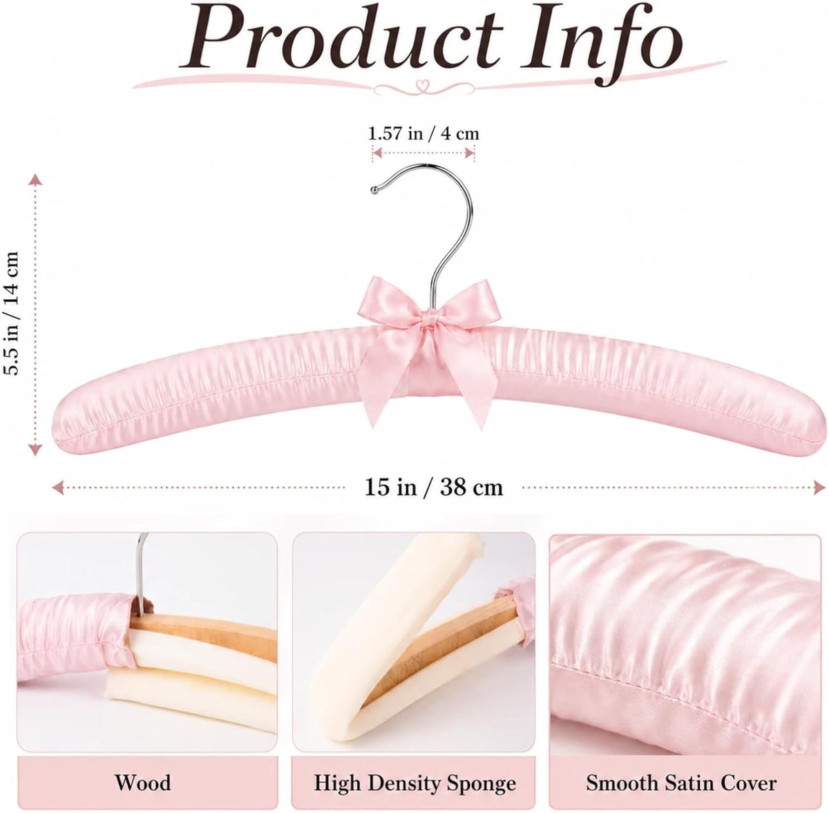 10 Pcs Satin Padded Hangers for Women Clothing, Sweater Hangers No Bump，Anti Slip Cushioned Hangers for Sweaters, for Clothes Sweaters Dresses Suits (10, Light Pink)