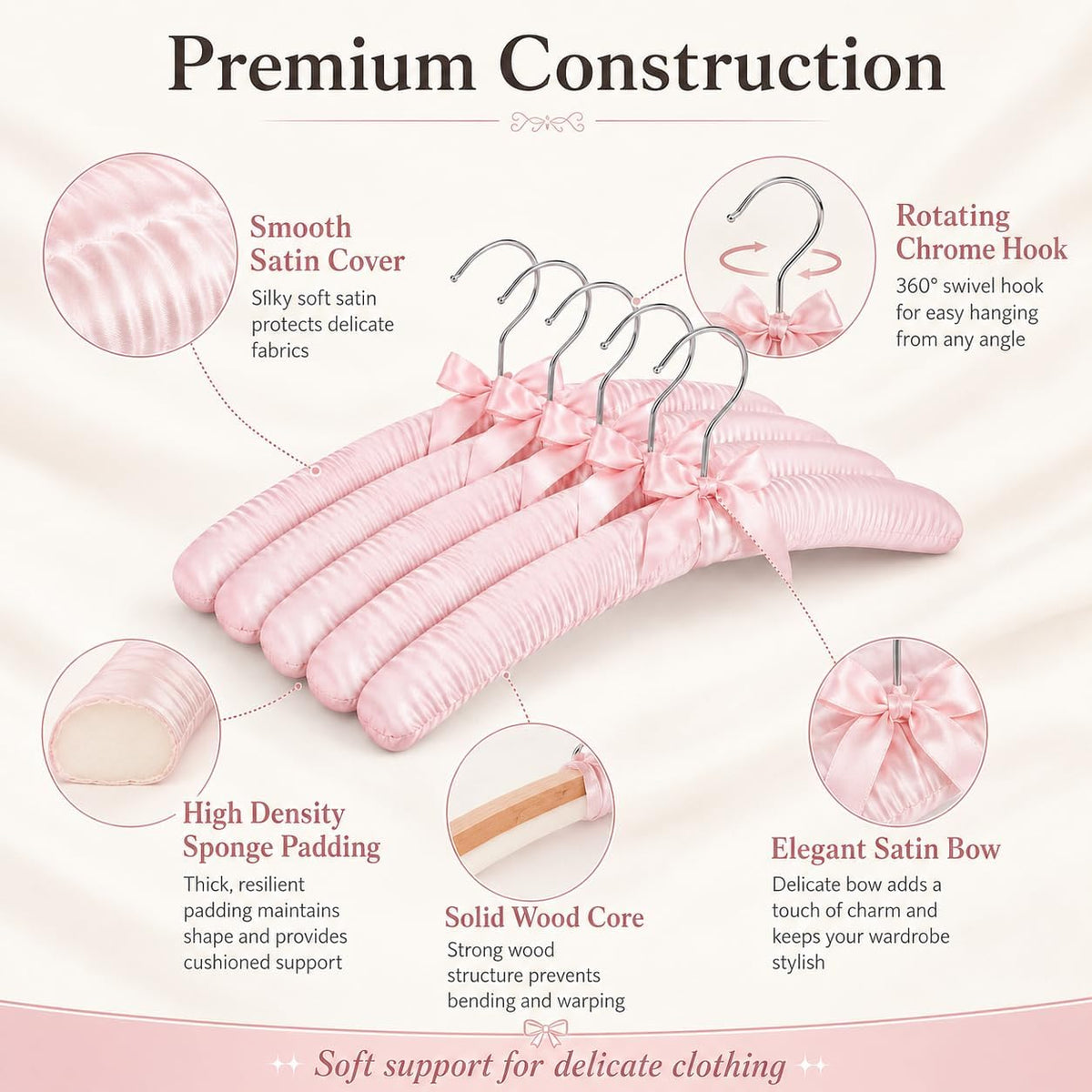 10 Pcs Satin Padded Hangers for Women Clothing, Sweater Hangers No Bump，Anti Slip Cushioned Hangers for Sweaters, for Clothes Sweaters Dresses Suits (10, Light Pink)