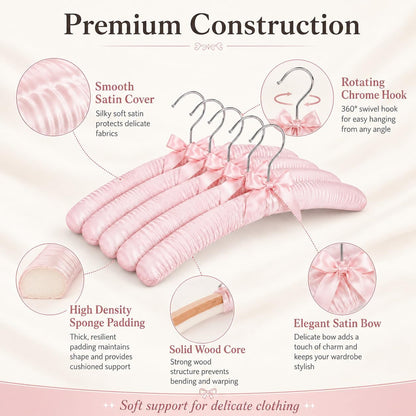 10 Pcs Satin Padded Hangers for Women Clothing, Sweater Hangers No Bump，Anti Slip Cushioned Hangers for Sweaters, for Clothes Sweaters Dresses Suits (10, Light Pink)