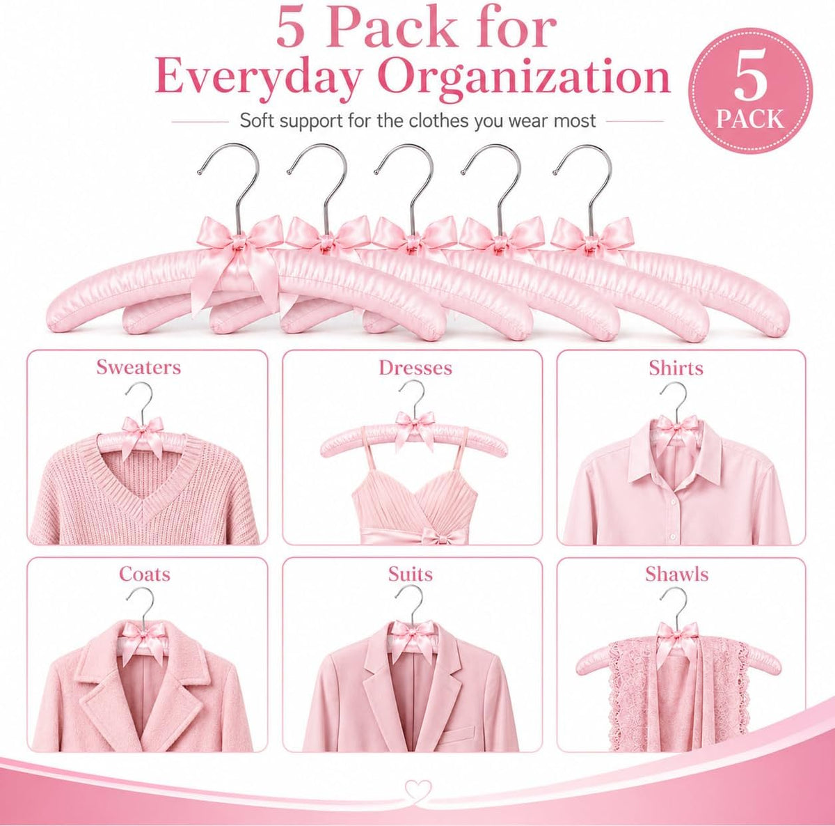 10 Pcs Satin Padded Hangers for Women Clothing, Sweater Hangers No Bump，Anti Slip Cushioned Hangers for Sweaters, for Clothes Sweaters Dresses Suits (10, Light Pink)
