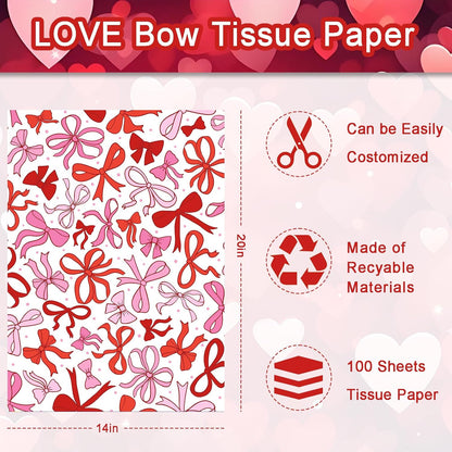 100 Sheet Mother's Day Coquette Bows Tissue Paper, Red Pink Bow Heart Gift Wrapping Paper for Valentine's Day Party Supplies, 13.8 x 19.7 Inch