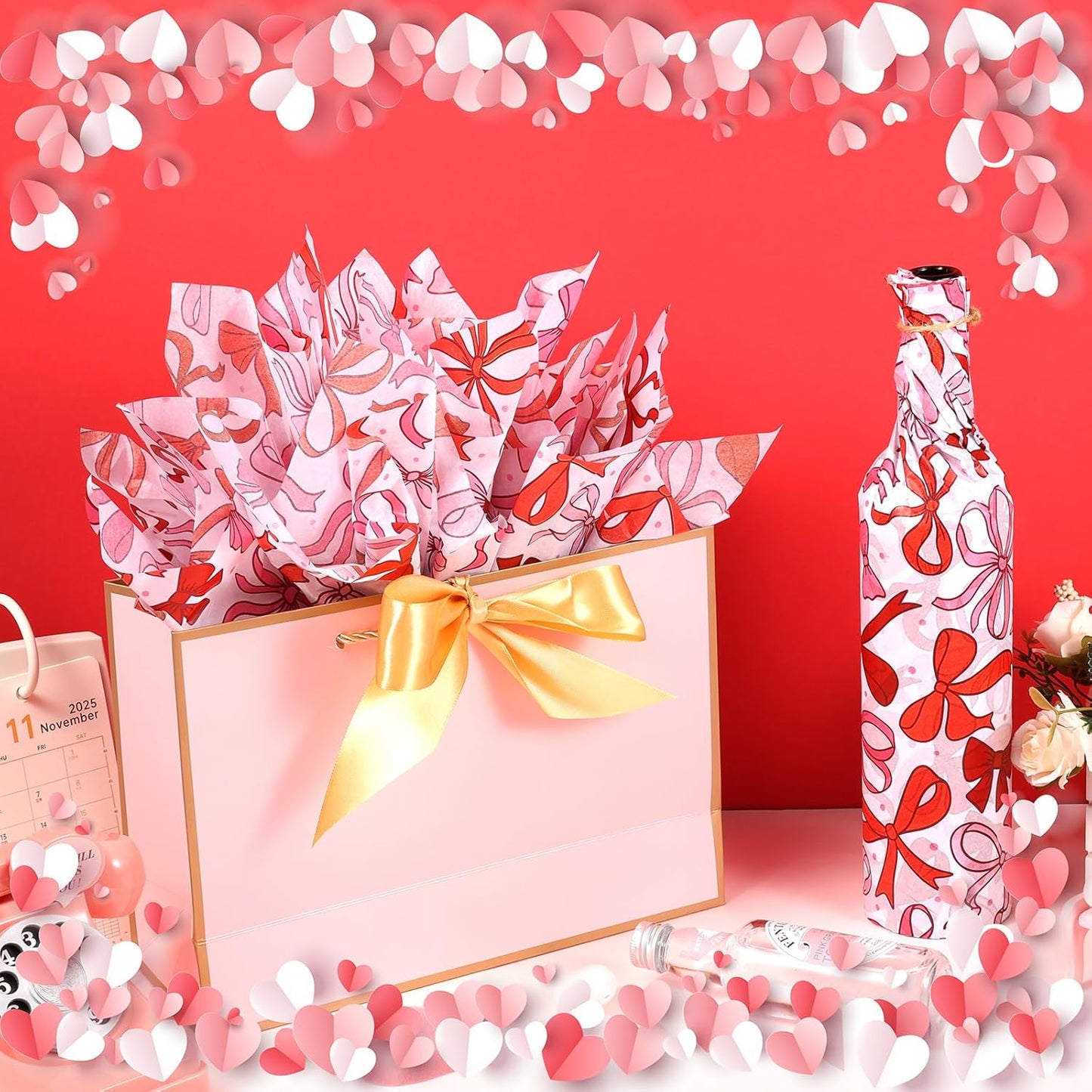 100 Sheet Mother's Day Coquette Bows Tissue Paper, Red Pink Bow Heart Gift Wrapping Paper for Valentine's Day Party Supplies, 13.8 x 19.7 Inch