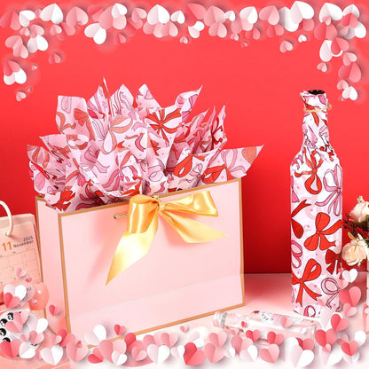 100 Sheet Mother's Day Coquette Bows Tissue Paper, Red Pink Bow Heart Gift Wrapping Paper for Valentine's Day Party Supplies, 13.8 x 19.7 Inch