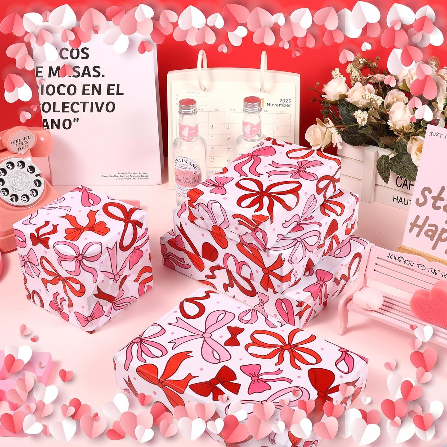 100 Sheet Mother's Day Coquette Bows Tissue Paper, Red Pink Bow Heart Gift Wrapping Paper for Valentine's Day Party Supplies, 13.8 x 19.7 Inch