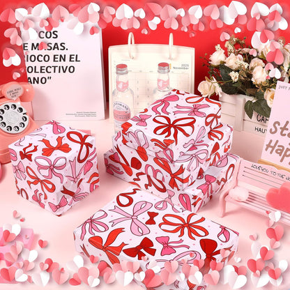 100 Sheet Mother's Day Coquette Bows Tissue Paper, Red Pink Bow Heart Gift Wrapping Paper for Valentine's Day Party Supplies, 13.8 x 19.7 Inch