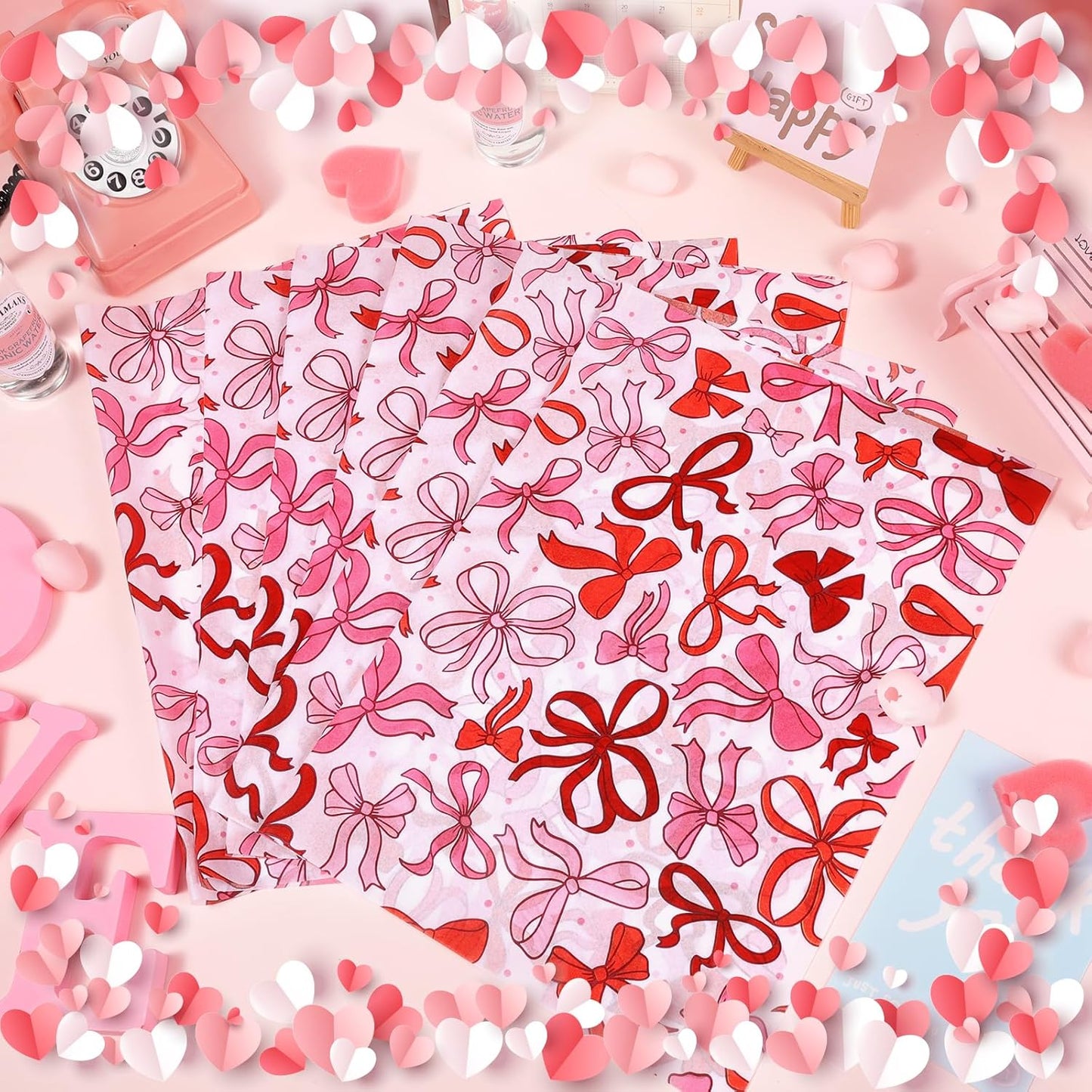 100 Sheet Mother's Day Coquette Bows Tissue Paper, Red Pink Bow Heart Gift Wrapping Paper for Valentine's Day Party Supplies, 13.8 x 19.7 Inch