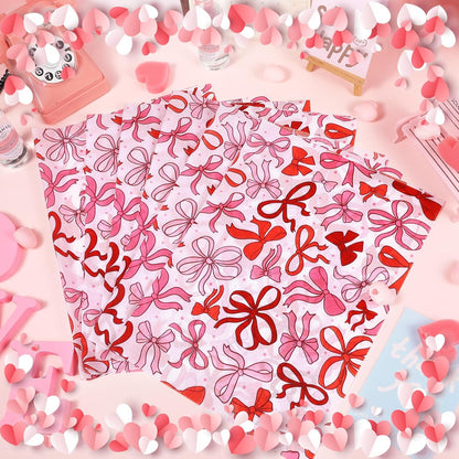 100 Sheet Mother's Day Coquette Bows Tissue Paper, Red Pink Bow Heart Gift Wrapping Paper for Valentine's Day Party Supplies, 13.8 x 19.7 Inch