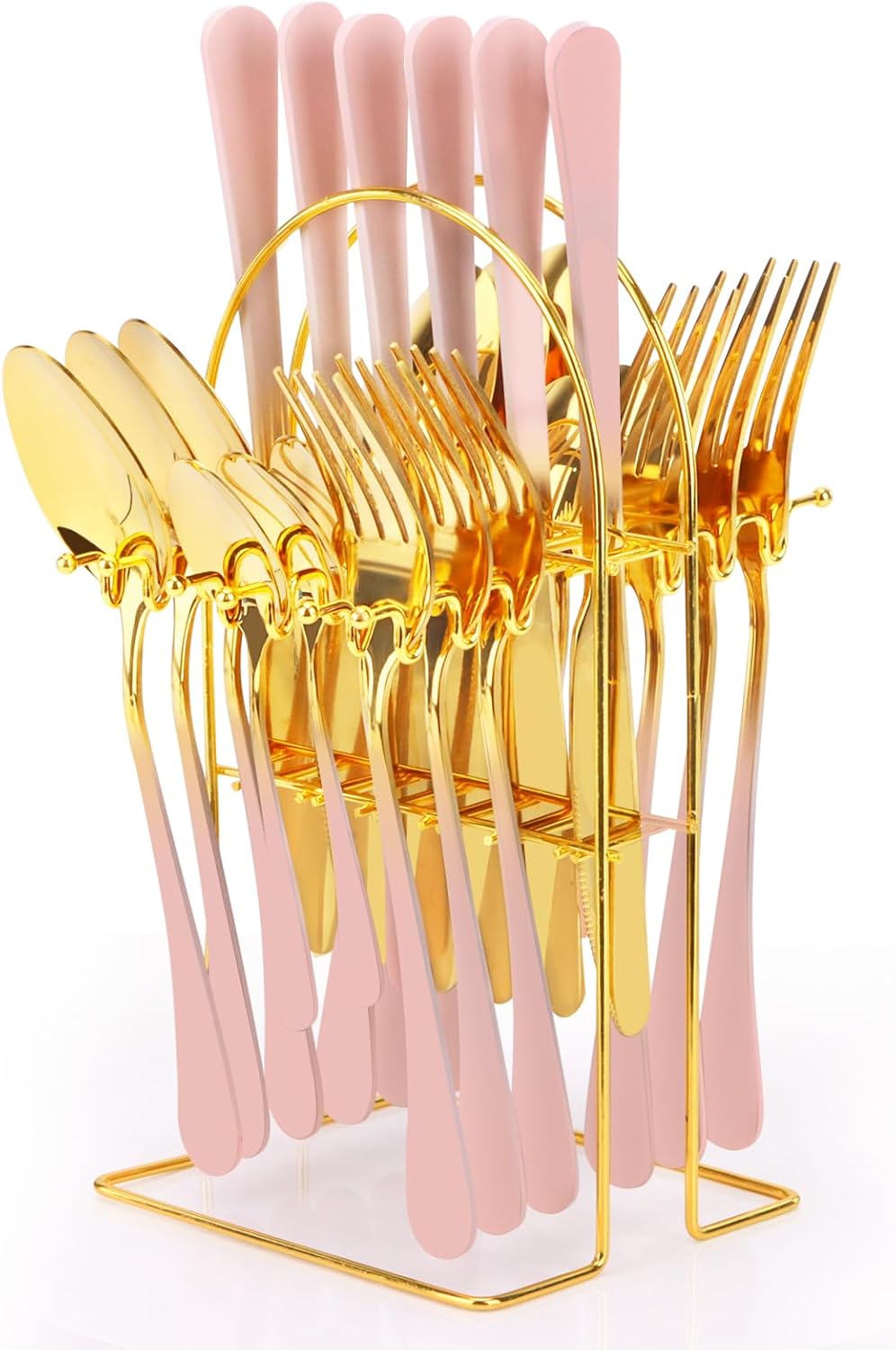 24 Pieces Flatware Set, Stainless Steel Cutlery Set with Silverware Holder, Modern Gold Silverware Set Includes Dinner Knives Forks Spoons,Hanging Silverware Set Service for 6 (Pink)