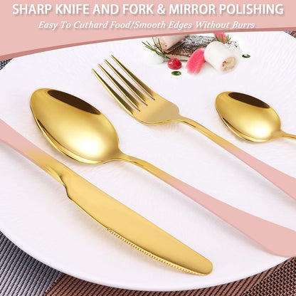 24 Pieces Flatware Set, Stainless Steel Cutlery Set with Silverware Holder, Modern Gold Silverware Set Includes Dinner Knives Forks Spoons,Hanging Silverware Set Service for 6 (Pink)
