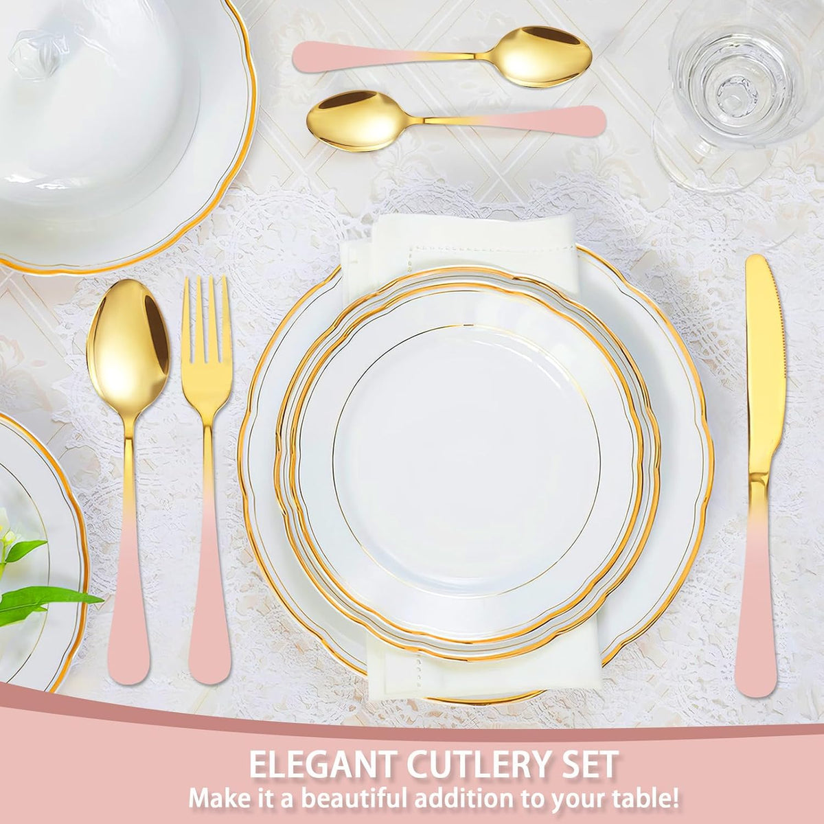 24 Pieces Flatware Set, Stainless Steel Cutlery Set with Silverware Holder, Modern Gold Silverware Set Includes Dinner Knives Forks Spoons,Hanging Silverware Set Service for 6 (Pink)