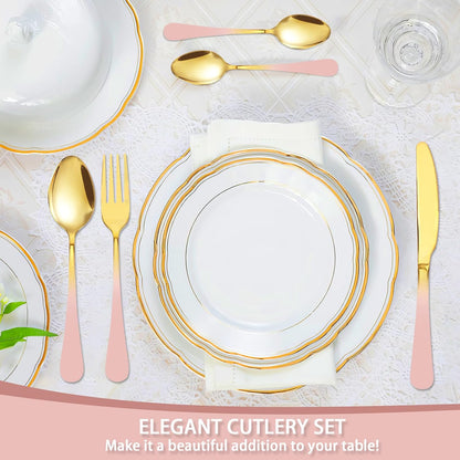24 Pieces Flatware Set, Stainless Steel Cutlery Set with Silverware Holder, Modern Gold Silverware Set Includes Dinner Knives Forks Spoons,Hanging Silverware Set Service for 6 (Pink)
