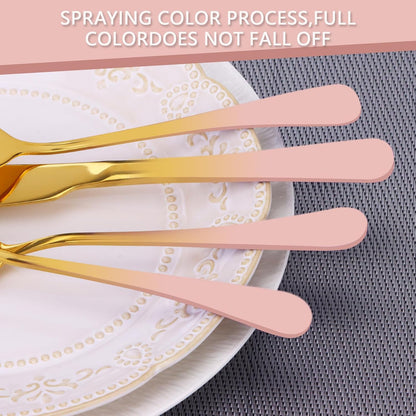 24 Pieces Flatware Set, Stainless Steel Cutlery Set with Silverware Holder, Modern Gold Silverware Set Includes Dinner Knives Forks Spoons,Hanging Silverware Set Service for 6 (Pink)