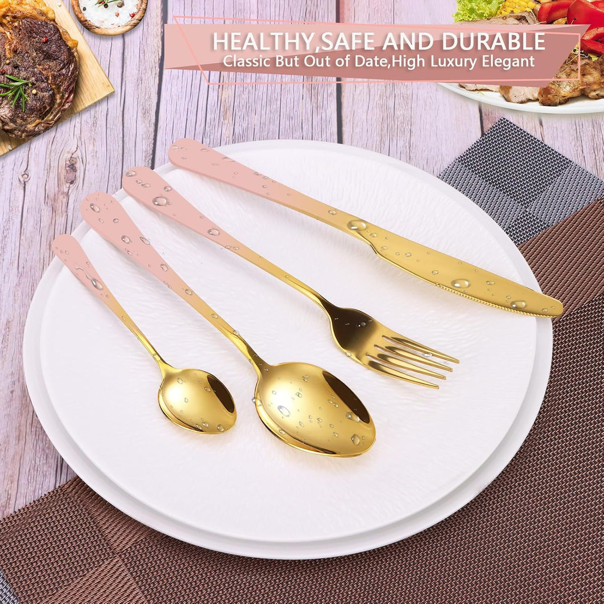 24 Pieces Flatware Set, Stainless Steel Cutlery Set with Silverware Holder, Modern Gold Silverware Set Includes Dinner Knives Forks Spoons,Hanging Silverware Set Service for 6 (Pink)
