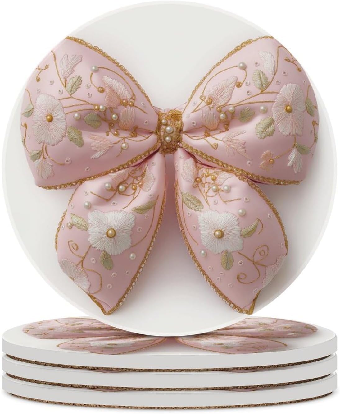 Light Pastel Pink Bow Balloon Embroidered Floral Coasters Set of 4 Absorbent Coasters
