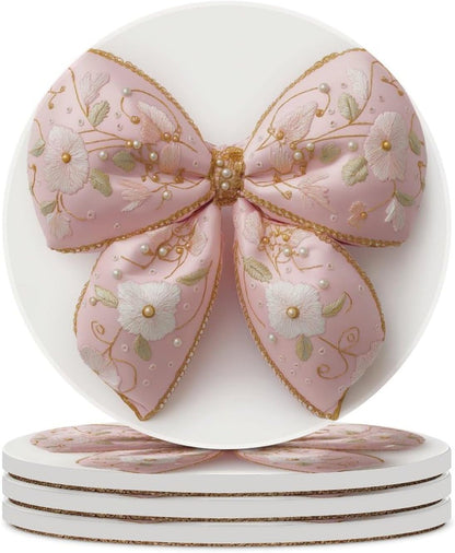 Light Pastel Pink Bow Balloon Embroidered Floral Coasters Set of 4 Absorbent Coasters