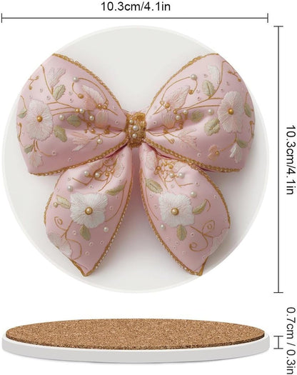 Light Pastel Pink Bow Balloon Embroidered Floral Coasters Set of 4 Absorbent Coasters