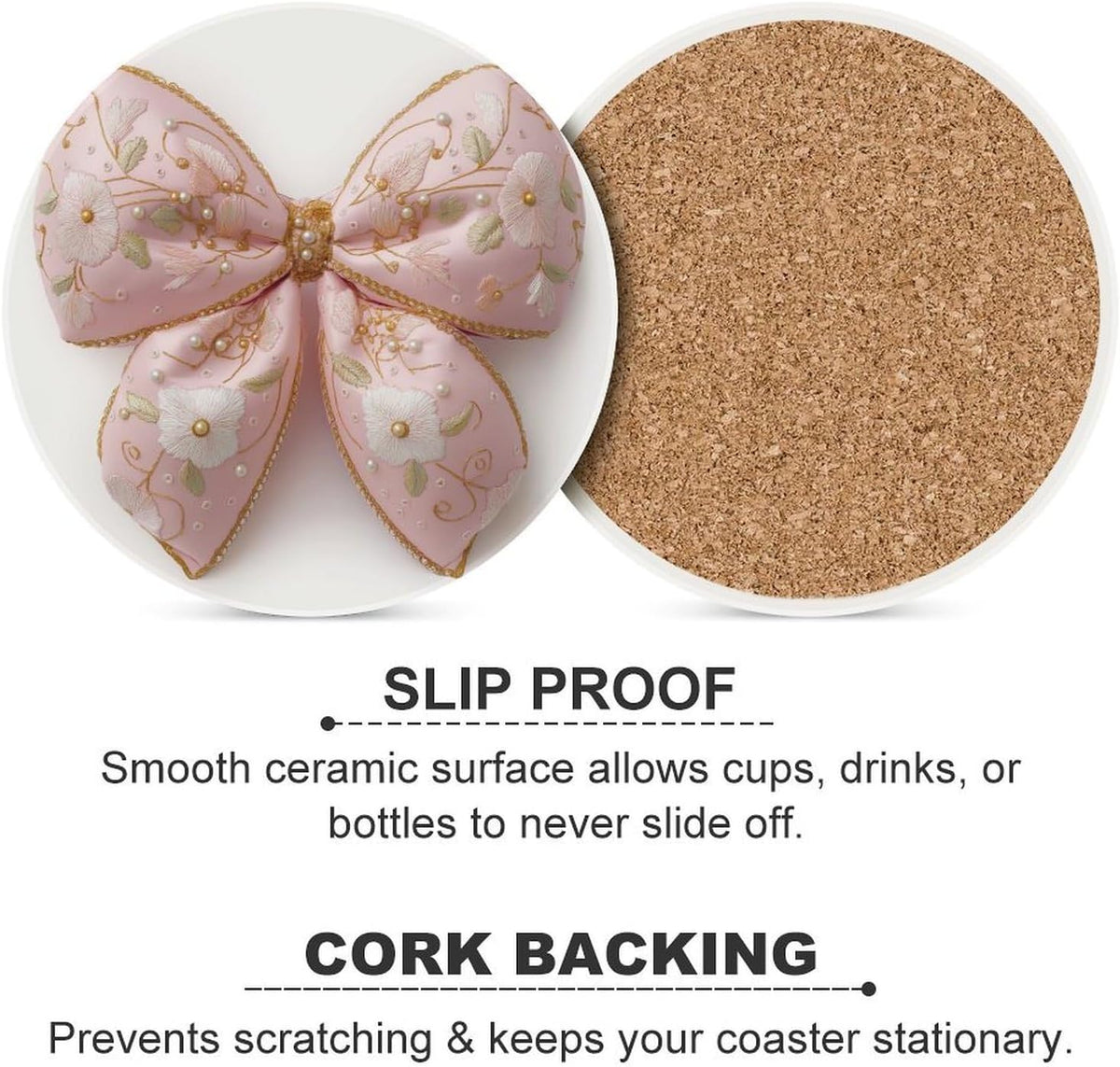 Light Pastel Pink Bow Balloon Embroidered Floral Coasters Set of 4 Absorbent Coasters