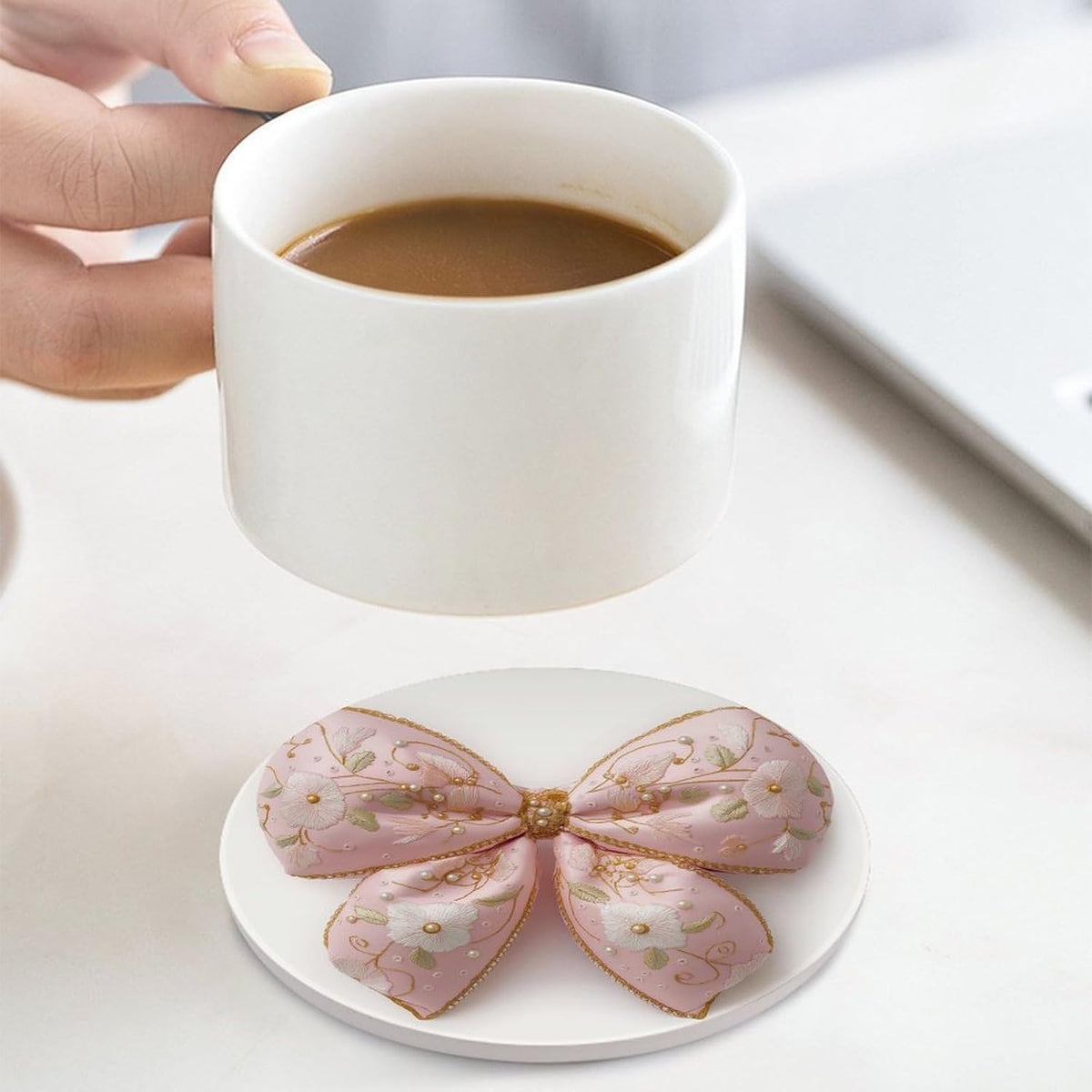 Light Pastel Pink Bow Balloon Embroidered Floral Coasters Set of 4 Absorbent Coasters