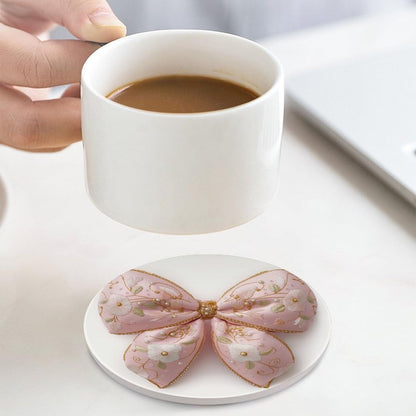 Light Pastel Pink Bow Balloon Embroidered Floral Coasters Set of 4 Absorbent Coasters