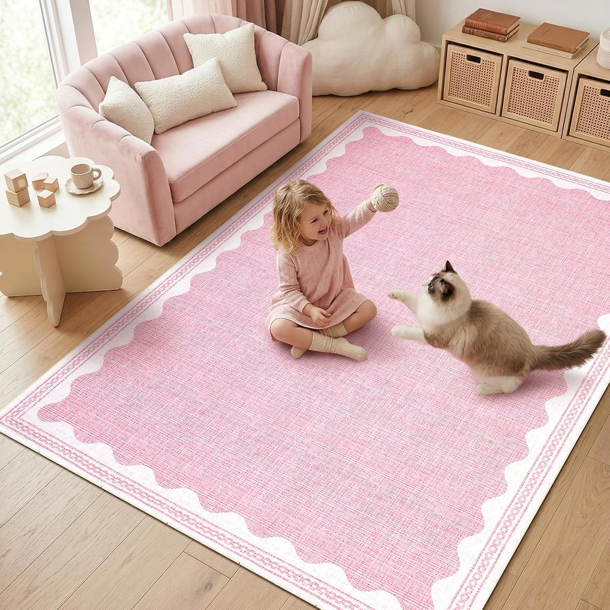 Washable Rugs 5x7 Area Rug for Living Room, Scalloped 5 x 7 Rug Solid Pink Modern Minimalism Low-Pile Carpet for Bedroom Dining Nursery Non Slip Mat with Rubber Back