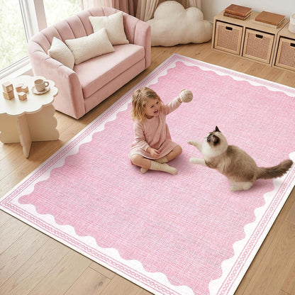 Washable Rugs 5x7 Area Rug for Living Room, Scalloped 5 x 7 Rug Solid Pink Modern Minimalism Low-Pile Carpet for Bedroom Dining Nursery Non Slip Mat with Rubber Back