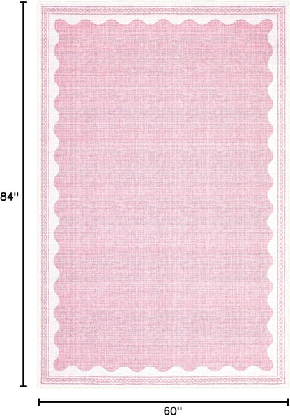 Washable Rugs 5x7 Area Rug for Living Room, Scalloped 5 x 7 Rug Solid Pink Modern Minimalism Low-Pile Carpet for Bedroom Dining Nursery Non Slip Mat with Rubber Back