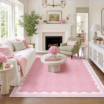 Washable Rugs 5x7 Area Rug for Living Room, Scalloped 5 x 7 Rug Solid Pink Modern Minimalism Low-Pile Carpet for Bedroom Dining Nursery Non Slip Mat with Rubber Back