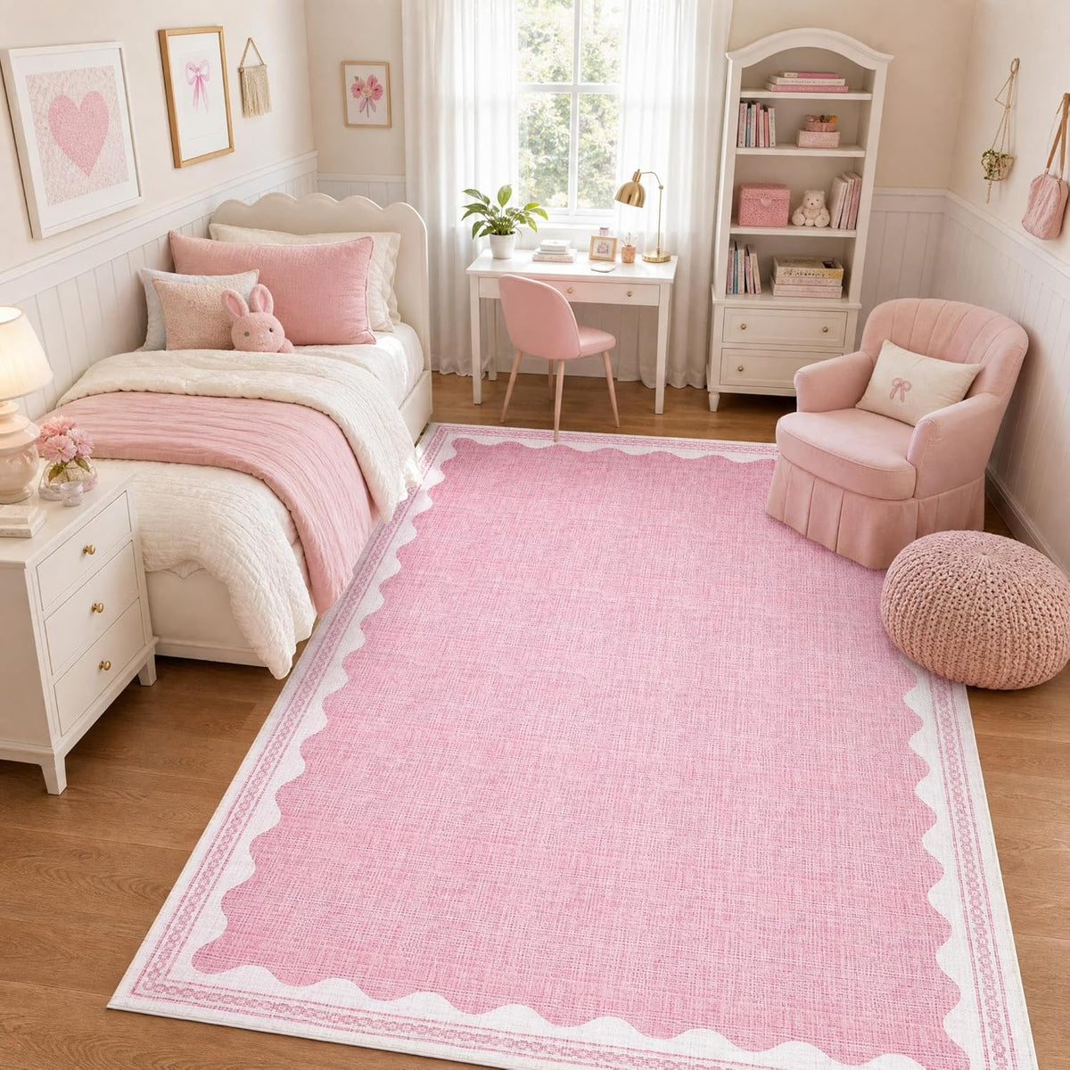 Washable Rugs 5x7 Area Rug for Living Room, Scalloped 5 x 7 Rug Solid Pink Modern Minimalism Low-Pile Carpet for Bedroom Dining Nursery Non Slip Mat with Rubber Back