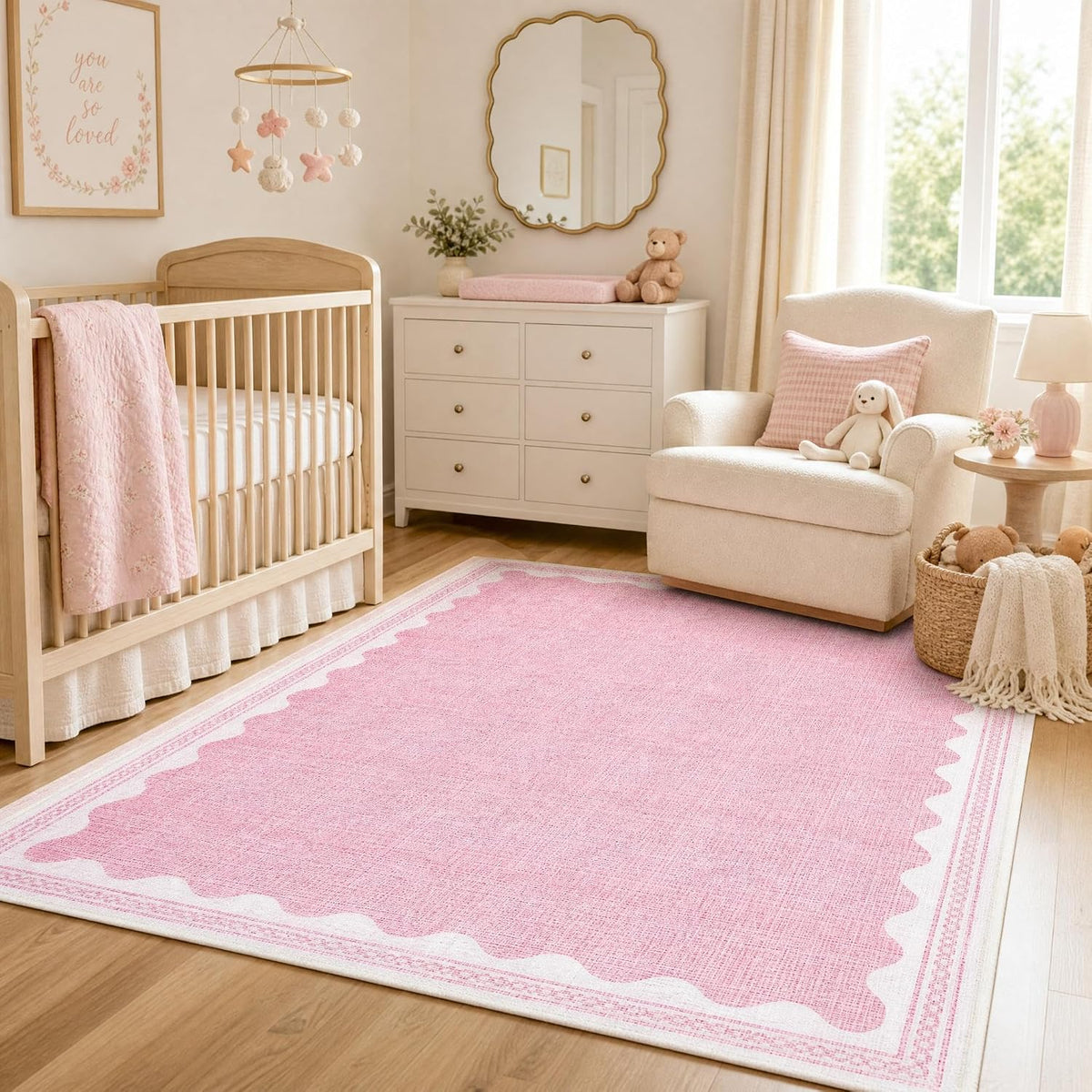 Washable Rugs 5x7 Area Rug for Living Room, Scalloped 5 x 7 Rug Solid Pink Modern Minimalism Low-Pile Carpet for Bedroom Dining Nursery Non Slip Mat with Rubber Back