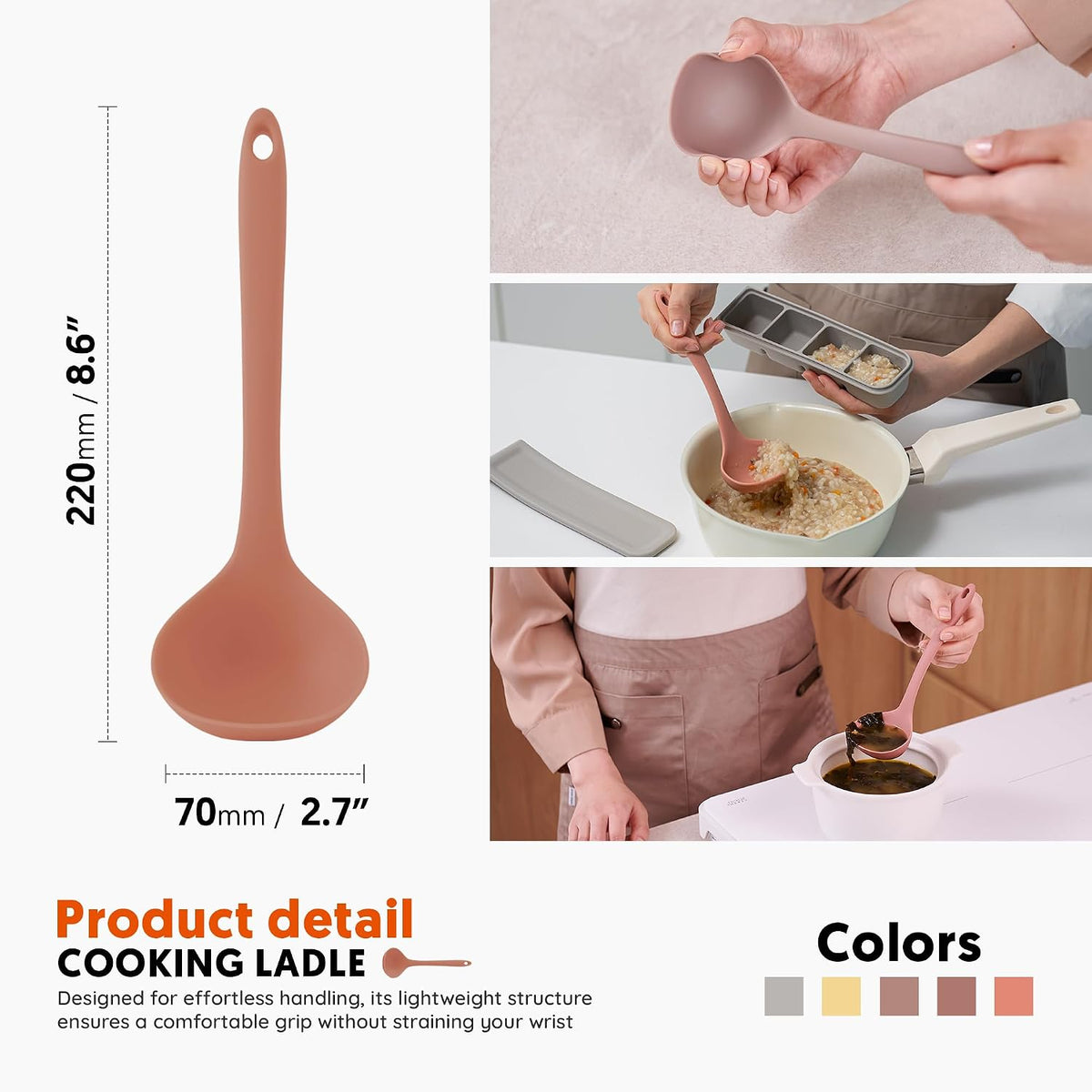 Platinum Silicone Cooking Ladle for Baking, Scraping & Mixing, 100% Food Grade Colorful Silicone Kitchen & Serving Utensils, Heat Resistant, Non-Stick Cookware - 8.6 inch Indie Pink