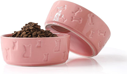 Set of 2 Pink Ceramic Dog Bowls for Food and Water, 5 Inch Wide Cute Pet Dishes for Small Size Dogs/Puppy