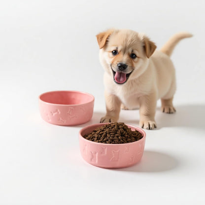 Set of 2 Pink Ceramic Dog Bowls for Food and Water, 5 Inch Wide Cute Pet Dishes for Small Size Dogs/Puppy