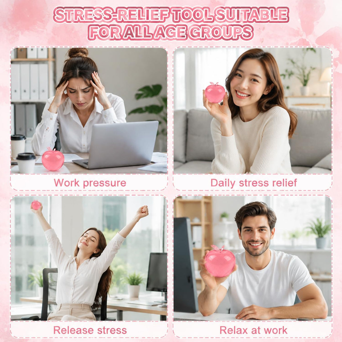 Apple Squishy,Pink Apples Squishy Shaped Stress Balls,Slow Rebound Clear Fruit Squeeze Fidget Toy Anxiety Relief Soft Stress Ball Pinch Sensory Toy